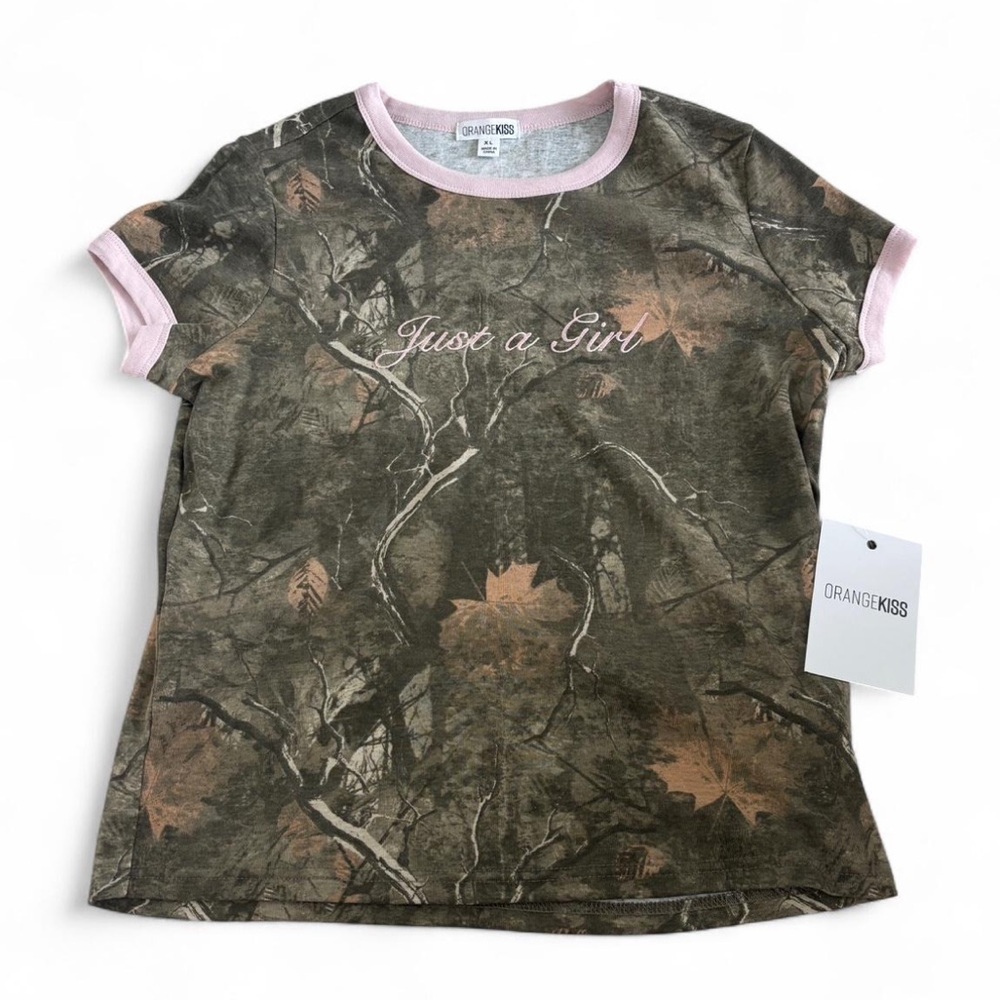 Women’s Y2K Real Tree Camo Pink Ringer “Just A Girl” Graphic Baby Tee NWT